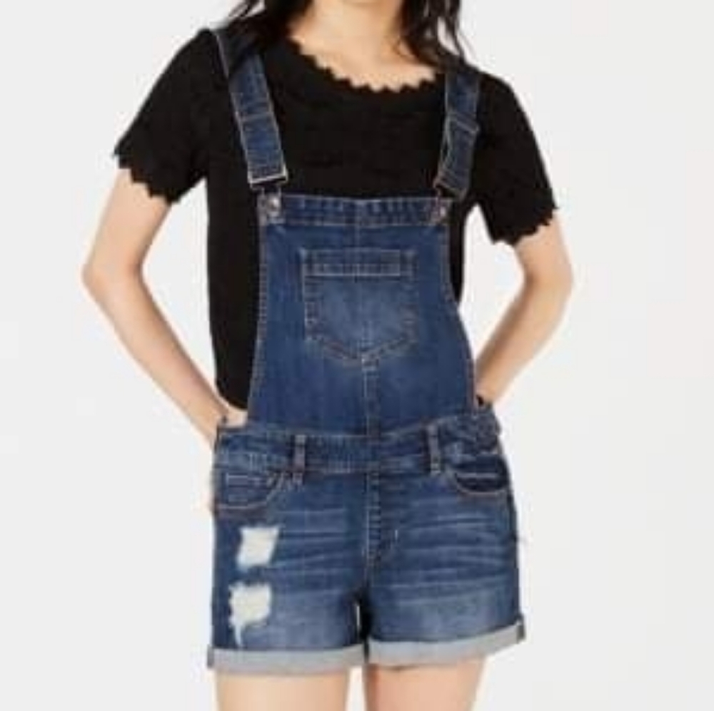 Dollhouse junior cuffed denim shortalls blue suade